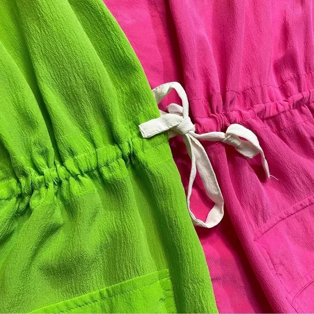 Lightweight Vintage Color block 3/4 Sleeve Silk Button Up Shirt Cinched Waist Sm - Picture 5 of 15